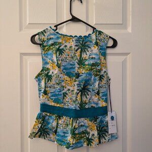 NWT Unique Vintage Seaside Village Print Honeybun Top Size S 4 Turquoise Jade